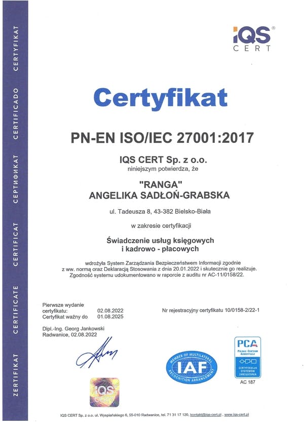 Certyfikat ISO 27001 Ranga