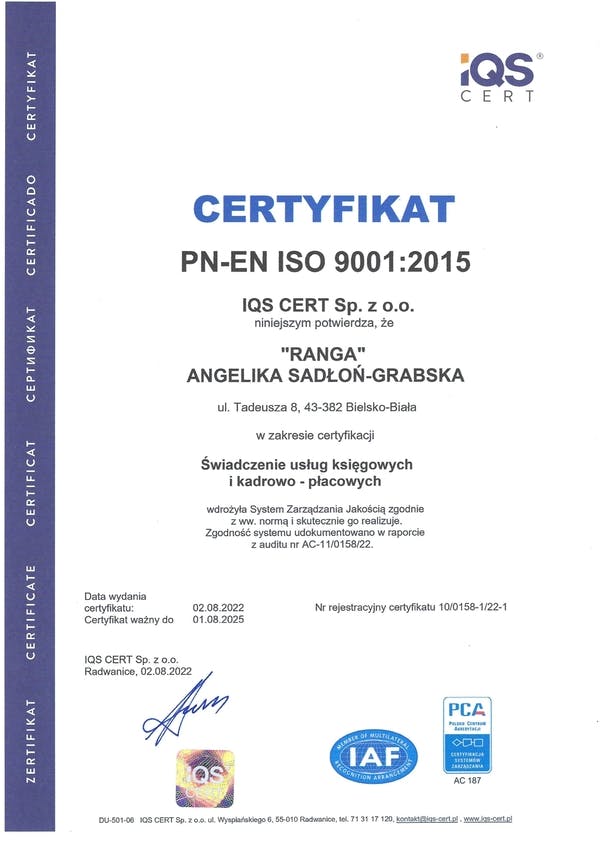 Certyfikat ISO 9001 Ranga