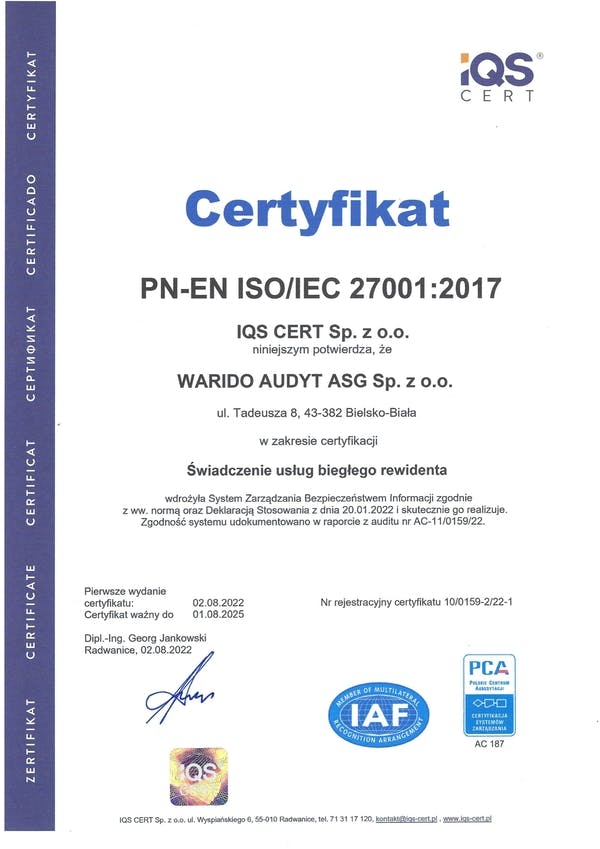 Certyfikat ISO 27001 Warido