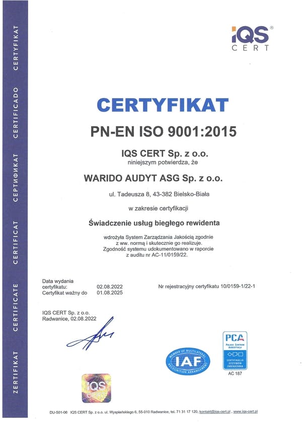 Certyfikat ISO 9001 Warido
